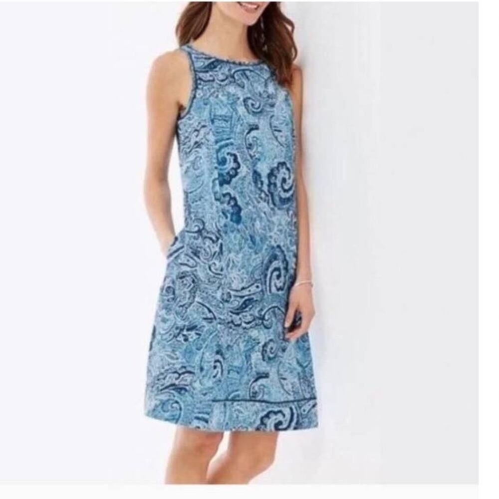 J. Jill Love Linen Indigo Blue Paisley Waves Sleeveless Shift A Line Dress Small
